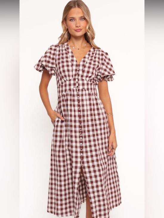 Petal & Pup Dresses & Skirts - Petal & Pup Robinson Brown and White Gingham Button-Front Midi Dress